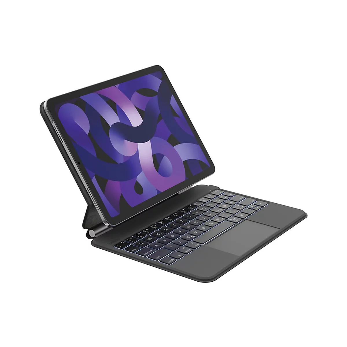 Une tablette grise avec un étui clavier, ouverte sur fond blanc. L'écran affiche un design abstrait violet.