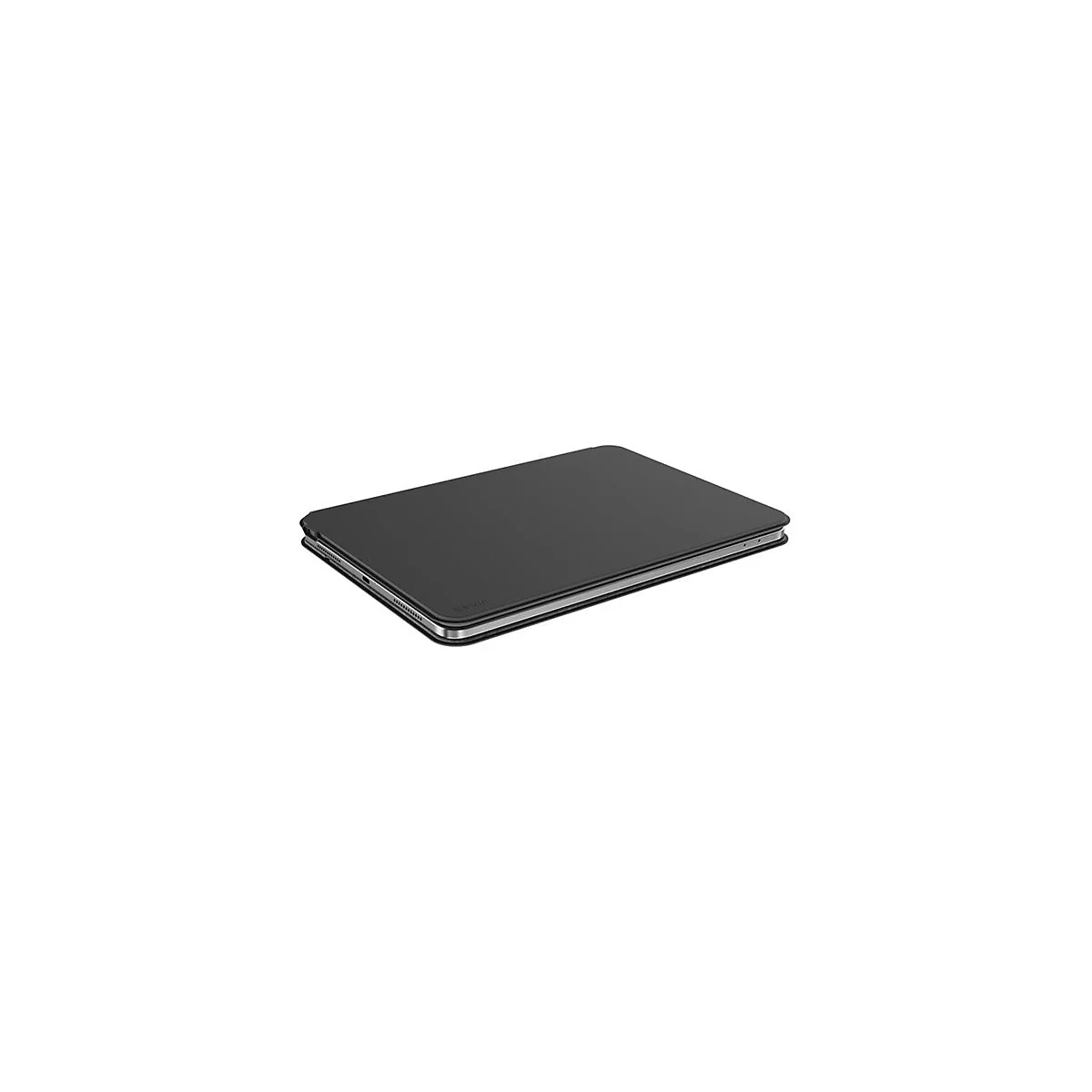 Tablette noire dans un étui de protection, cadre argenté, logo Belkin.