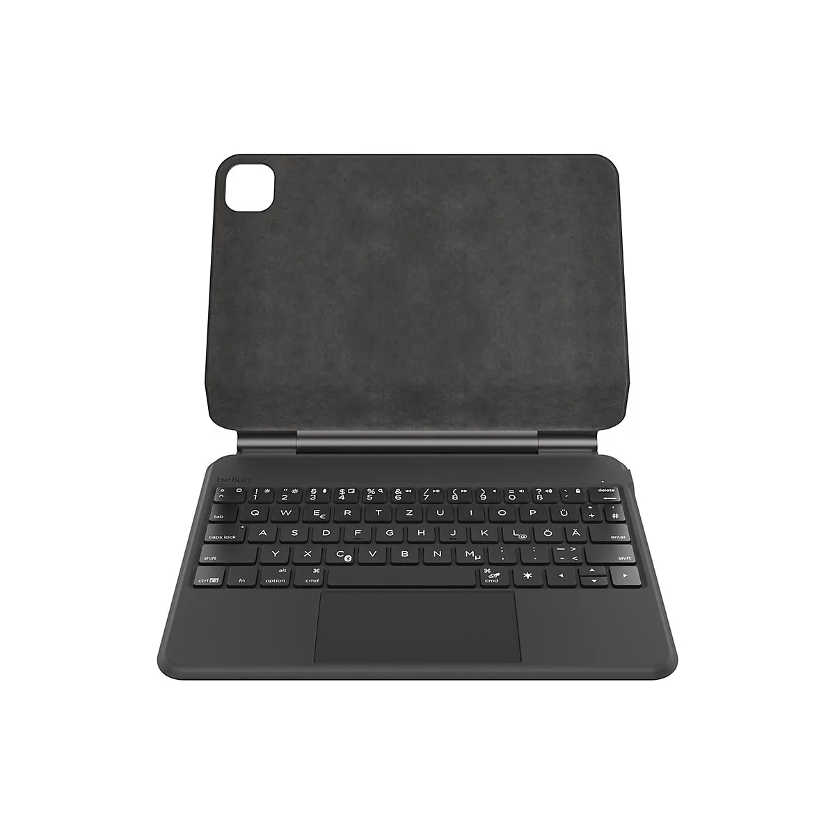 Clavier noir avec pavé tactile intégré. Le clavier est connecté à une tablette et montré sur fond blanc.
