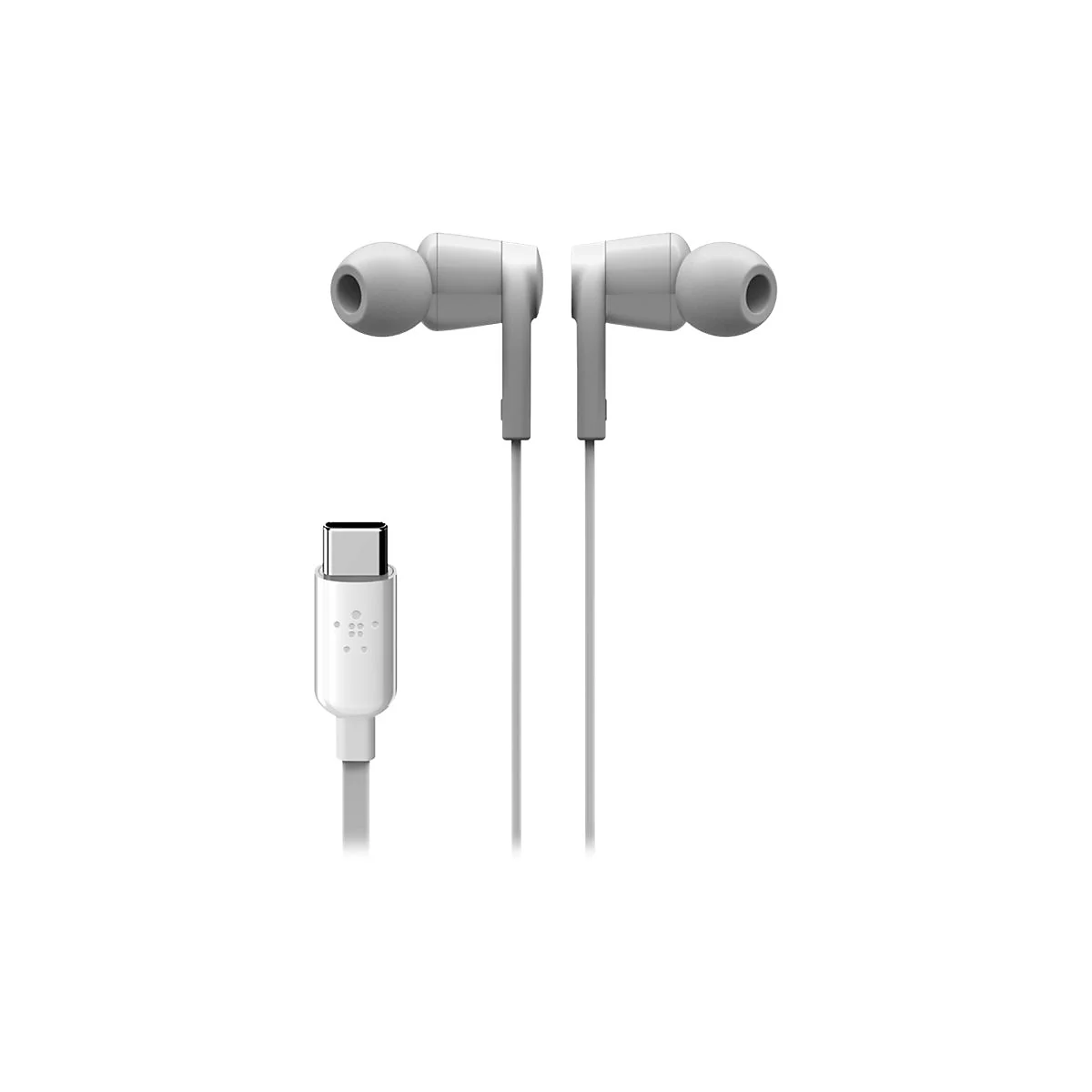 Écouteurs intra-auriculaires gris clair avec connecteur USB-C, sur fond blanc.
