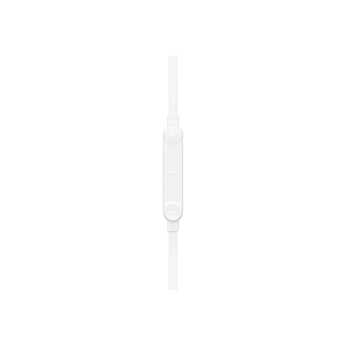 Gros plan d'un câble d'écouteurs blanc avec une commande, un bouton plus et moins.