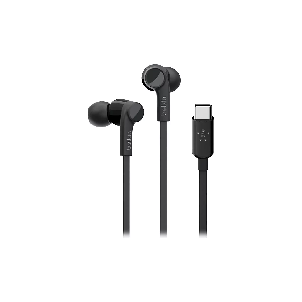 Écouteurs intra-auriculaires gris foncé avec logo Belkin et connecteur USB-C.