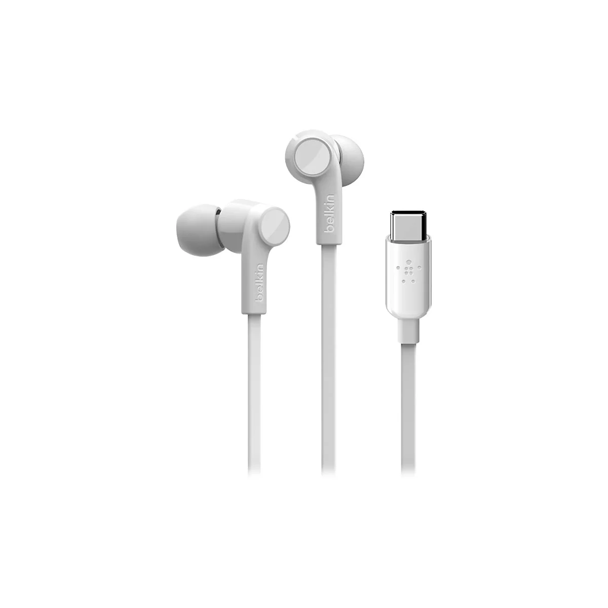 Hellgraue In-Ear-Kopfhörer mit Kabel und USB-C-Stecker vor weißem Hintergrund. Der Name Belkin ist auf den Ohrhörern abgebildet.