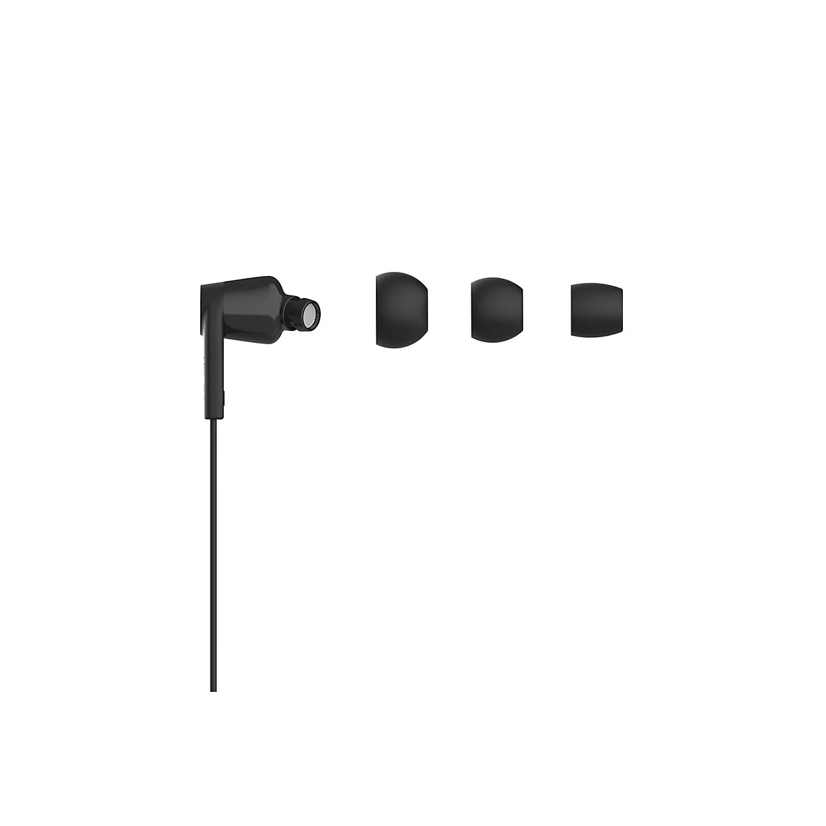 Schwarzer In-Ear-Kopfhörer mit Ersatzohrstöpseln, auf weißem Hintergrund.