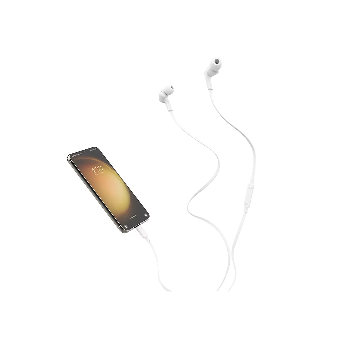 Ein weißes Smartphone, mit Kopfhörern verbunden, zeigt die Uhrzeit 4:33 an.