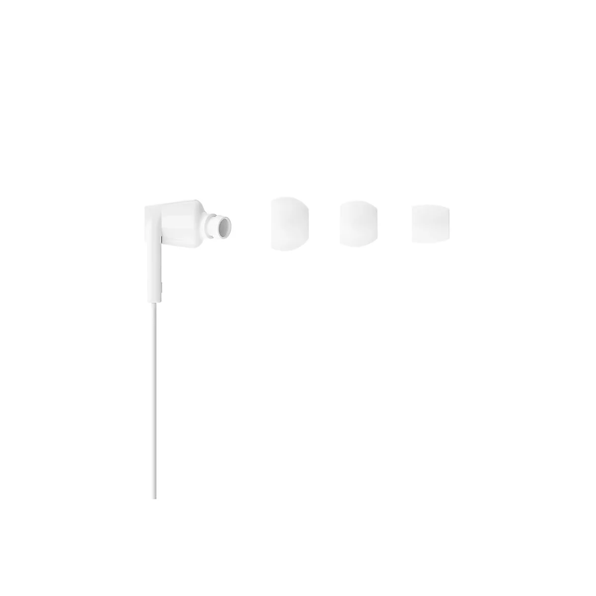Weißes In-Ear-Kopfhörer-Set mit drei austauschbaren Ohrstöpseln auf weißem Hintergrund.