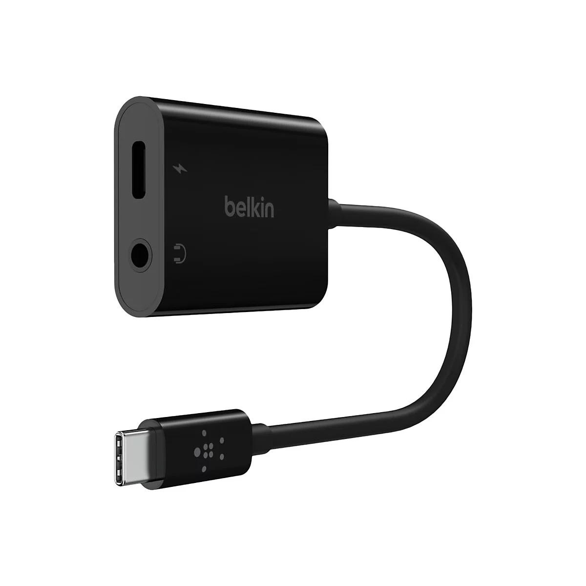 Schwarzer USB-C-Adapter mit Belkin-Logo, Kopfhöreranschluss und Ladeanschluss.