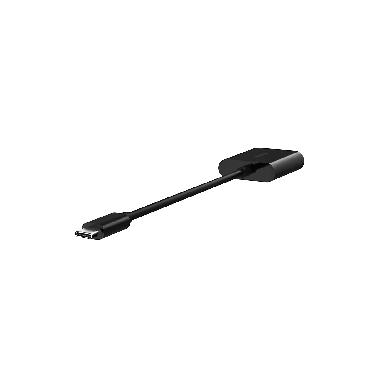 Schwarzer USB-C-Adapter auf weißem Hintergrund. Der Adapter hat eine rechteckige Form mit einem Kabel und einem USB-C-Anschluss.