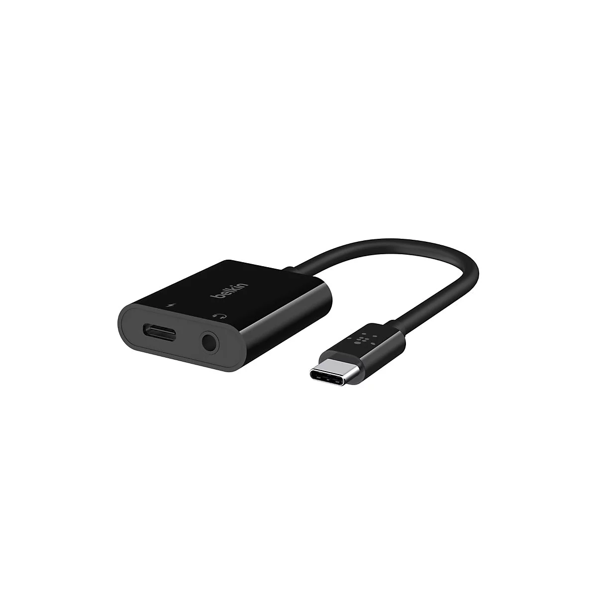 Schwarzer Belkin USB-C Adapter. 3,5mm Klinke- und USB-C-Anschluss, Kabel, Belkin-Logo.