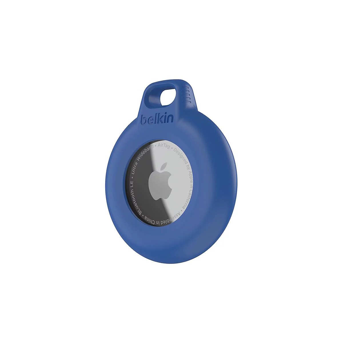 Blauer Belkin AirTag-Halter mit Apple-Logo. Mit Belkin-Logo, Ultra Wideband und Bluetooth LE-Aufdruck.