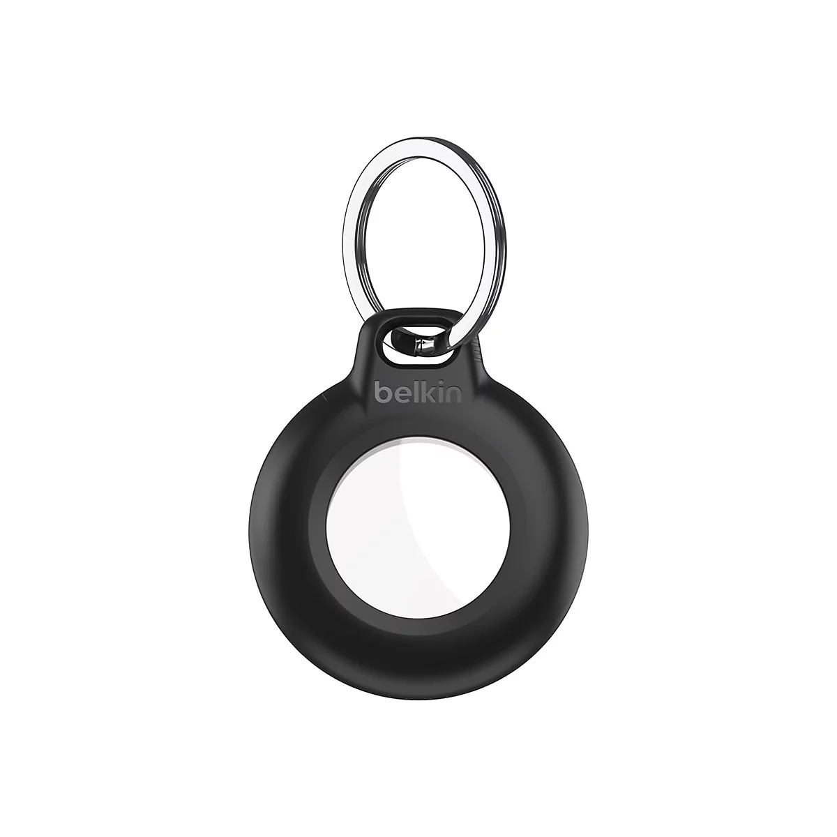 Schwarzes Belkin AirTag Case mit Schlüsselring und weißem Innenbereich.