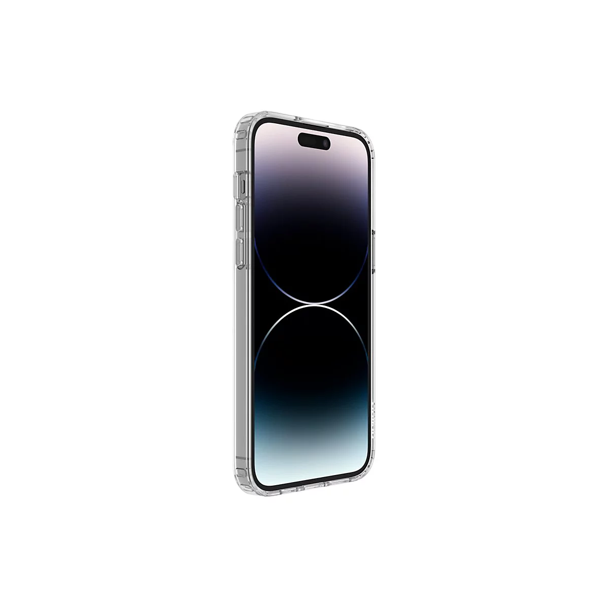 Ein iPhone in einer transparenten Schutzhülle, vor weißem Hintergrund.