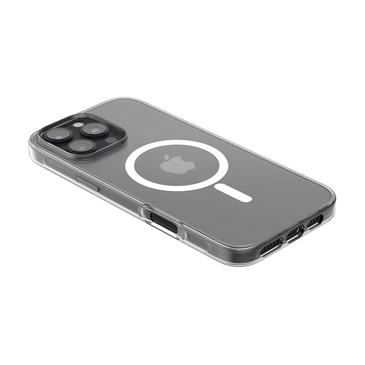 Durchsichtige Handyhülle für iPhone mit MagSafe-Funktion, Apple-Logo und Kameraöffnungen.