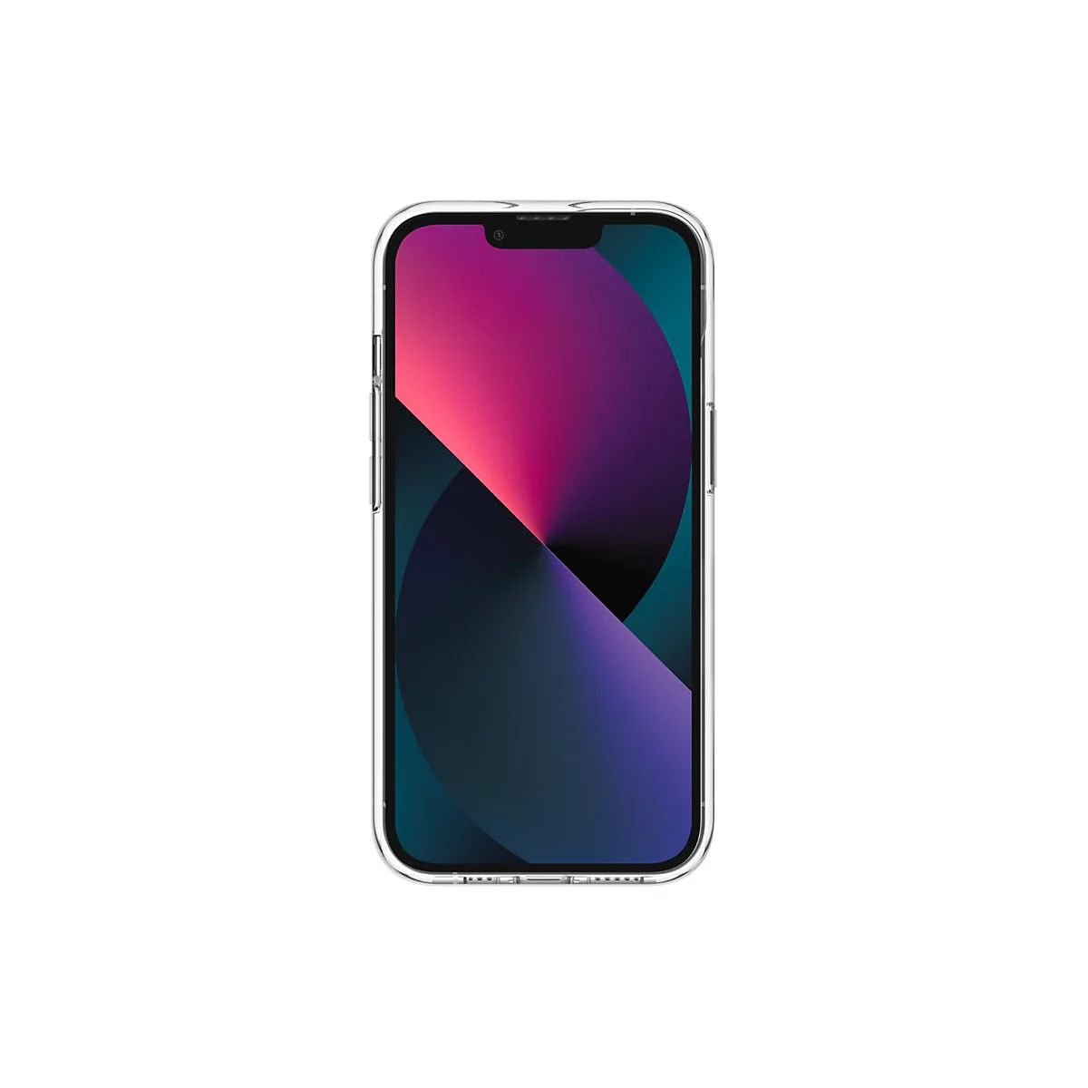 Ein iPhone 13 mit klarer Schutzhülle auf weißem Hintergrund. Der Bildschirm zeigt einen abstrakten Hintergrund.