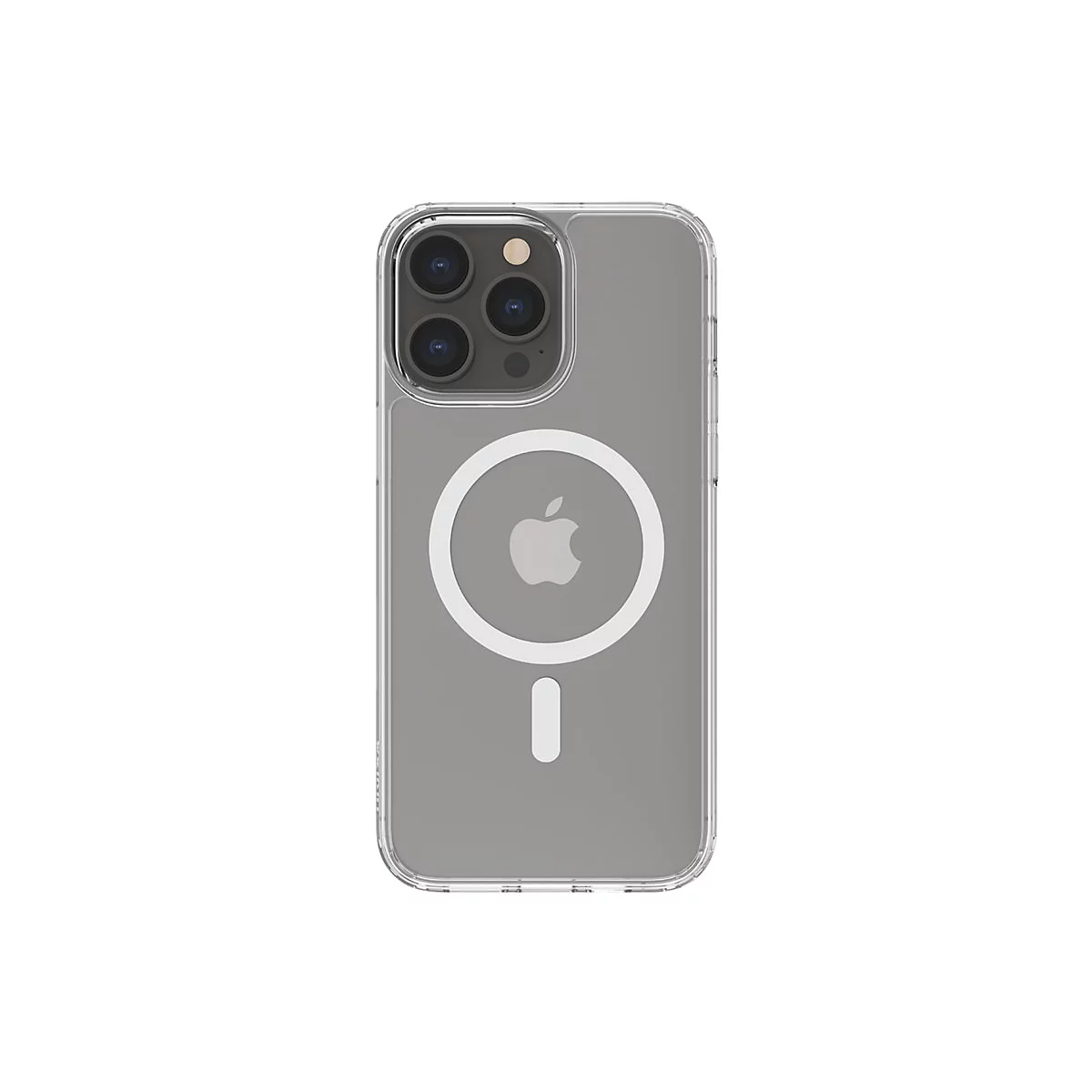 Ein durchsichtiges iPhone-Case mit einem weißen MagSafe-Ring und Apple-Logo, das ein iPhone 13 Pro zeigt.
