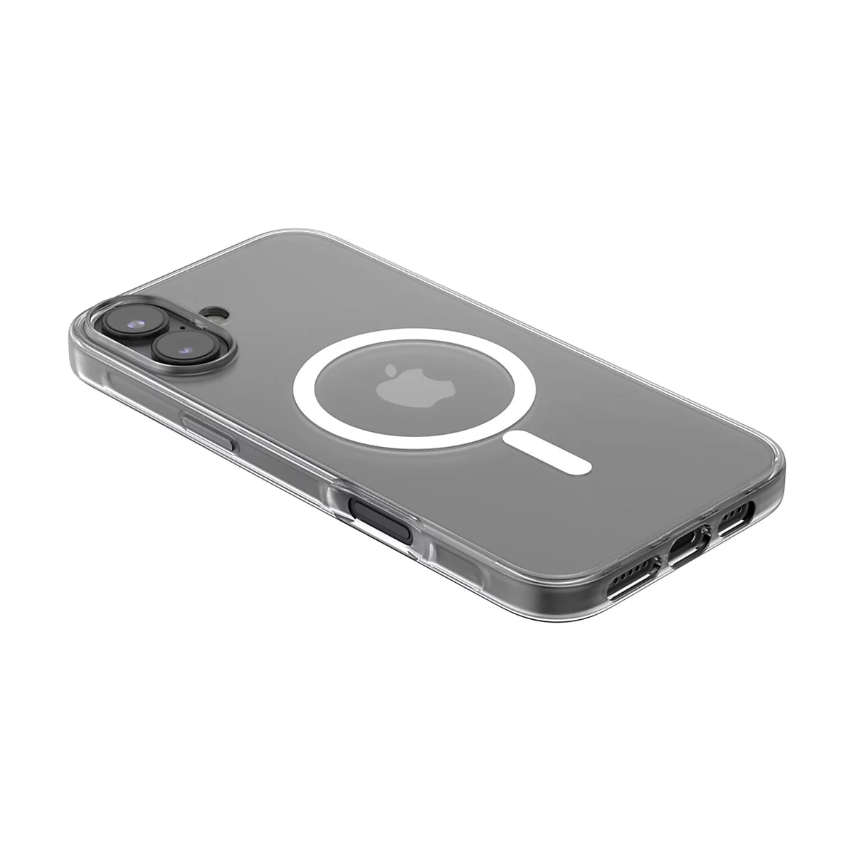 Durchsichtige Handyhülle mit Magnetring und Apple-Logo. Kamera und Anschlüsse sichtbar.