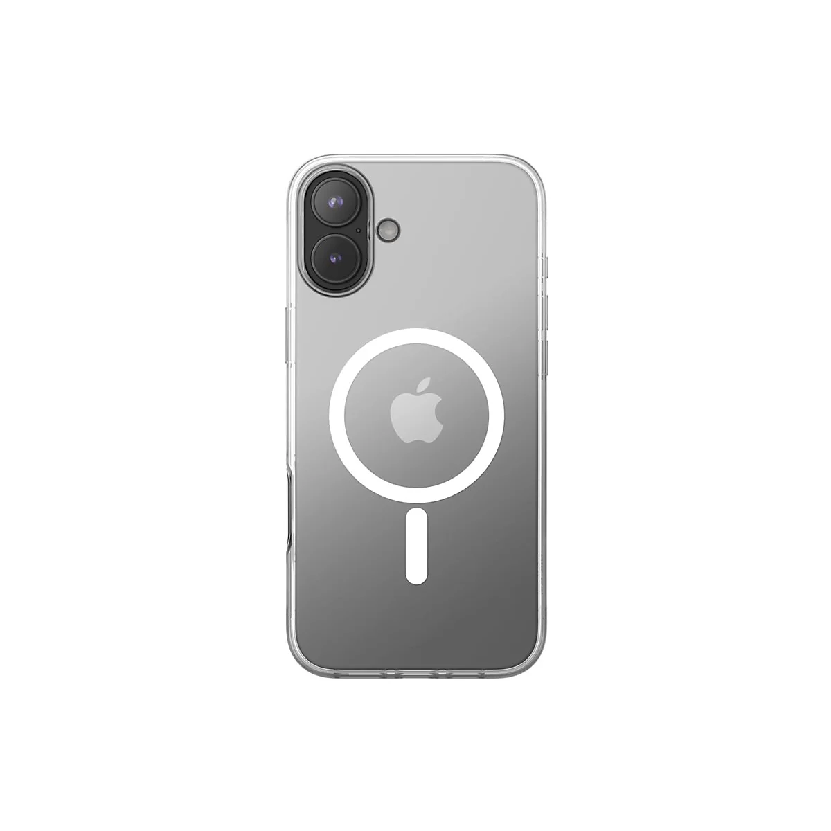 Durchsichtige Handyhülle mit Kameraausschnitt und weißem MagSafe-Kreis und -Strich. Apple Logo mittig.