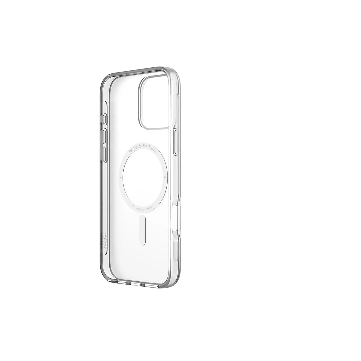 Transparente iPhone-Hülle. Aufgedruckt sind die Worte: Be Ready For Today, Designed by Belkin.