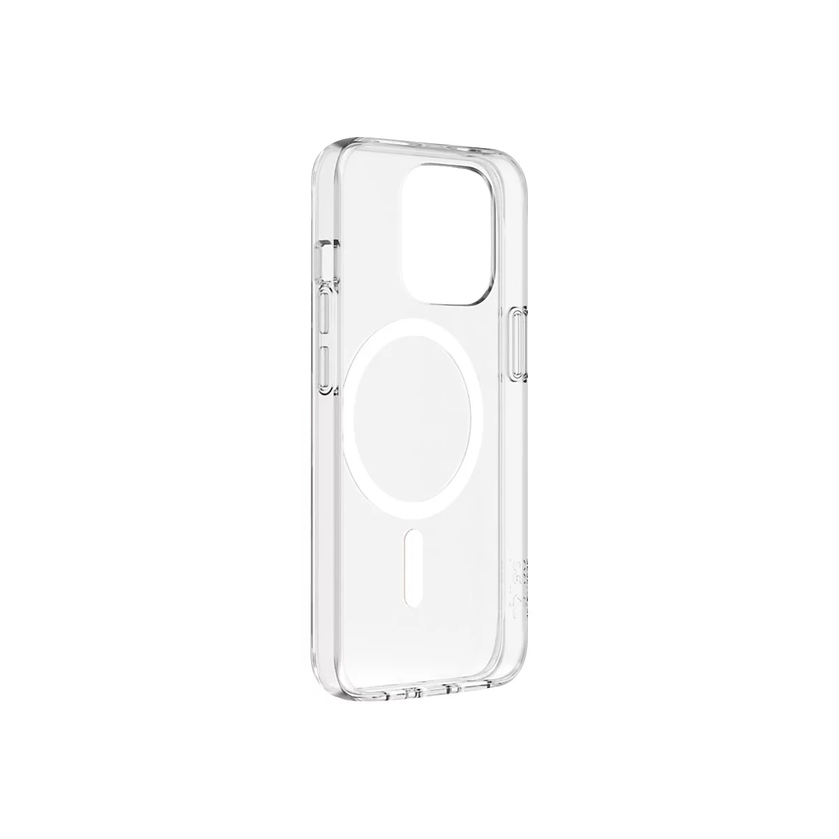 Coque de téléphone transparente, avec découpes pour appareil photo et boutons.