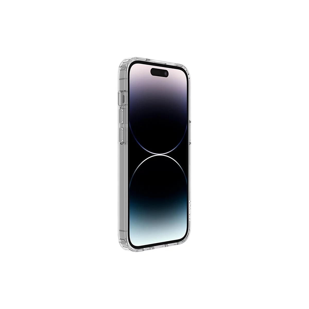 Un iPhone avec une coque de protection transparente, légèrement de côté sur fond blanc. L'écran est noir.