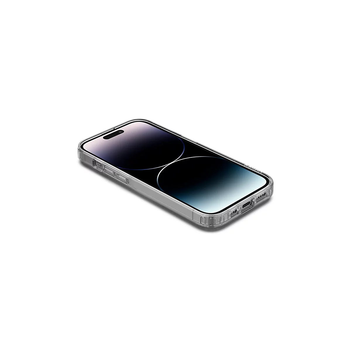 Un iPhone dans une coque de protection transparente, photographié légèrement en biais par le haut.