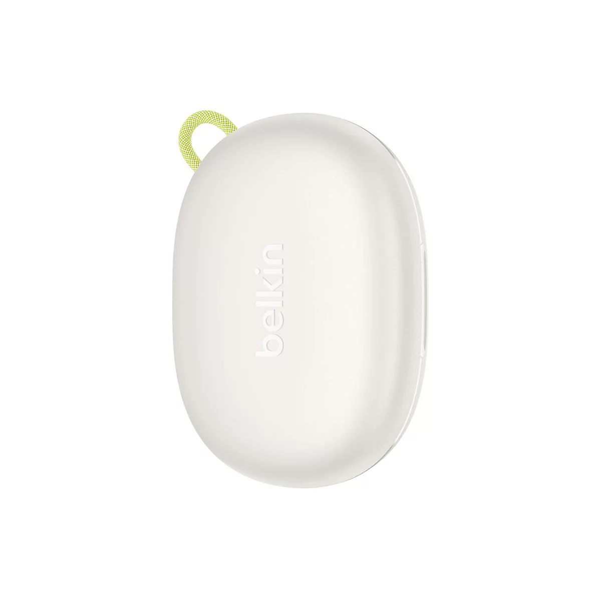 Étui de chargement Belkin blanc, ovale, avec une sangle verte. Logo Belkin sur la surface.