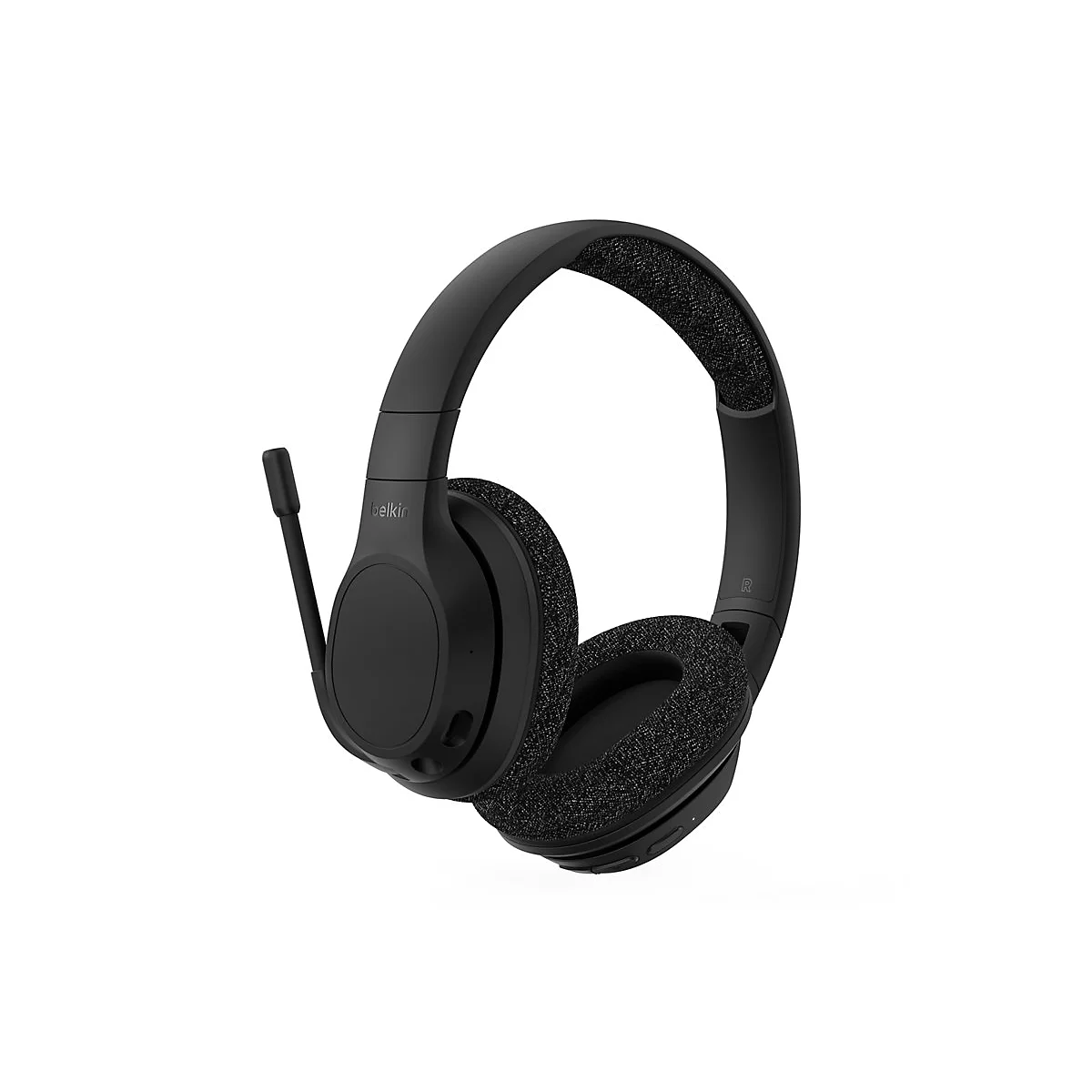 Casque supra-auriculaire noir avec microphone et logo Belkin. Oreillettes douces et arceau réglable.