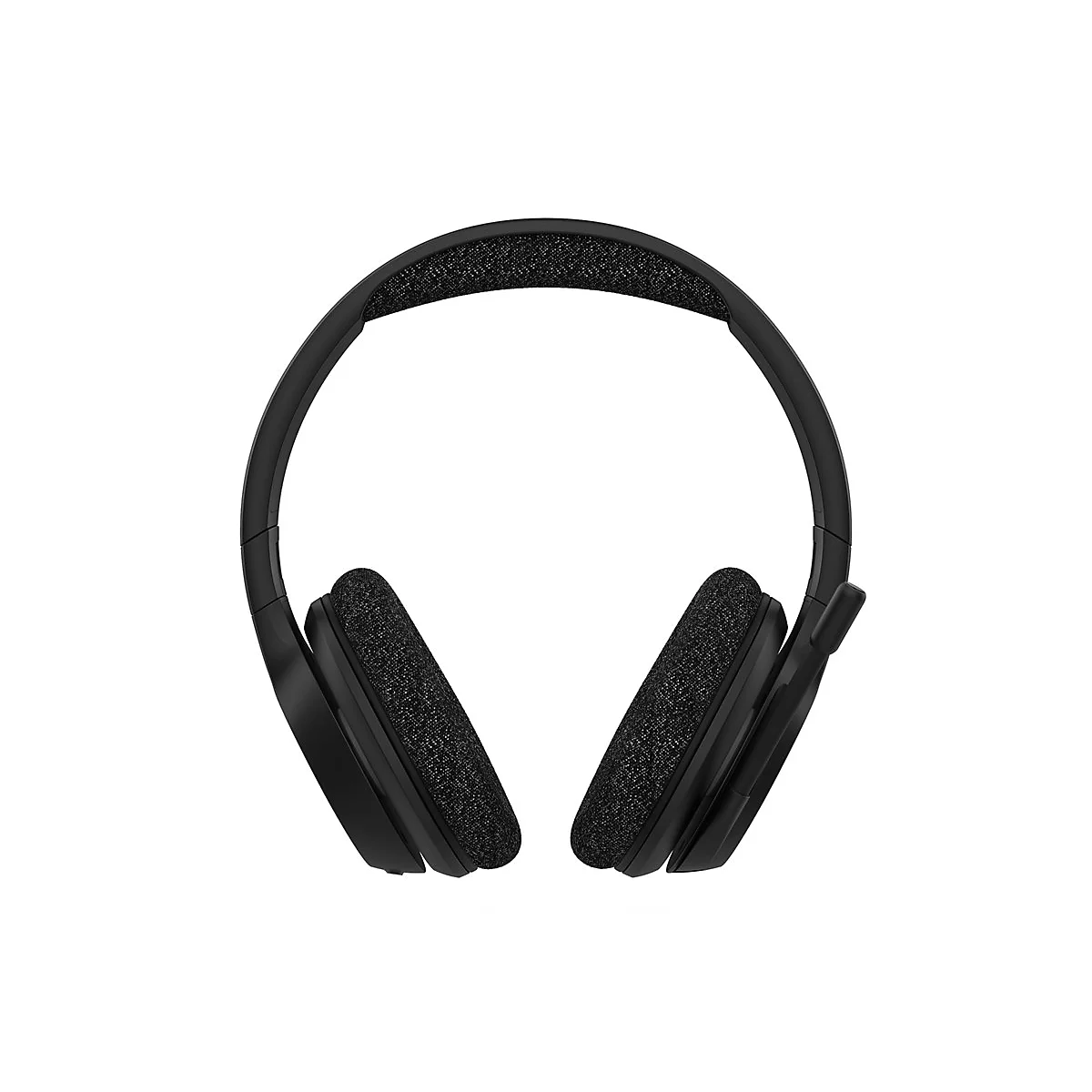 Casque noir avec coussinets d'oreille et bandeau rembourrés, microphone.