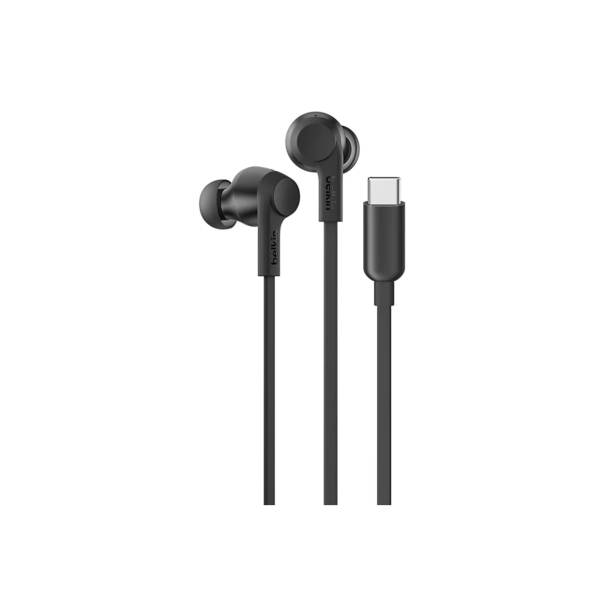 Schwarze In-Ear-Kopfhörer mit USB-C-Anschluss, auf weißem Hintergrund.