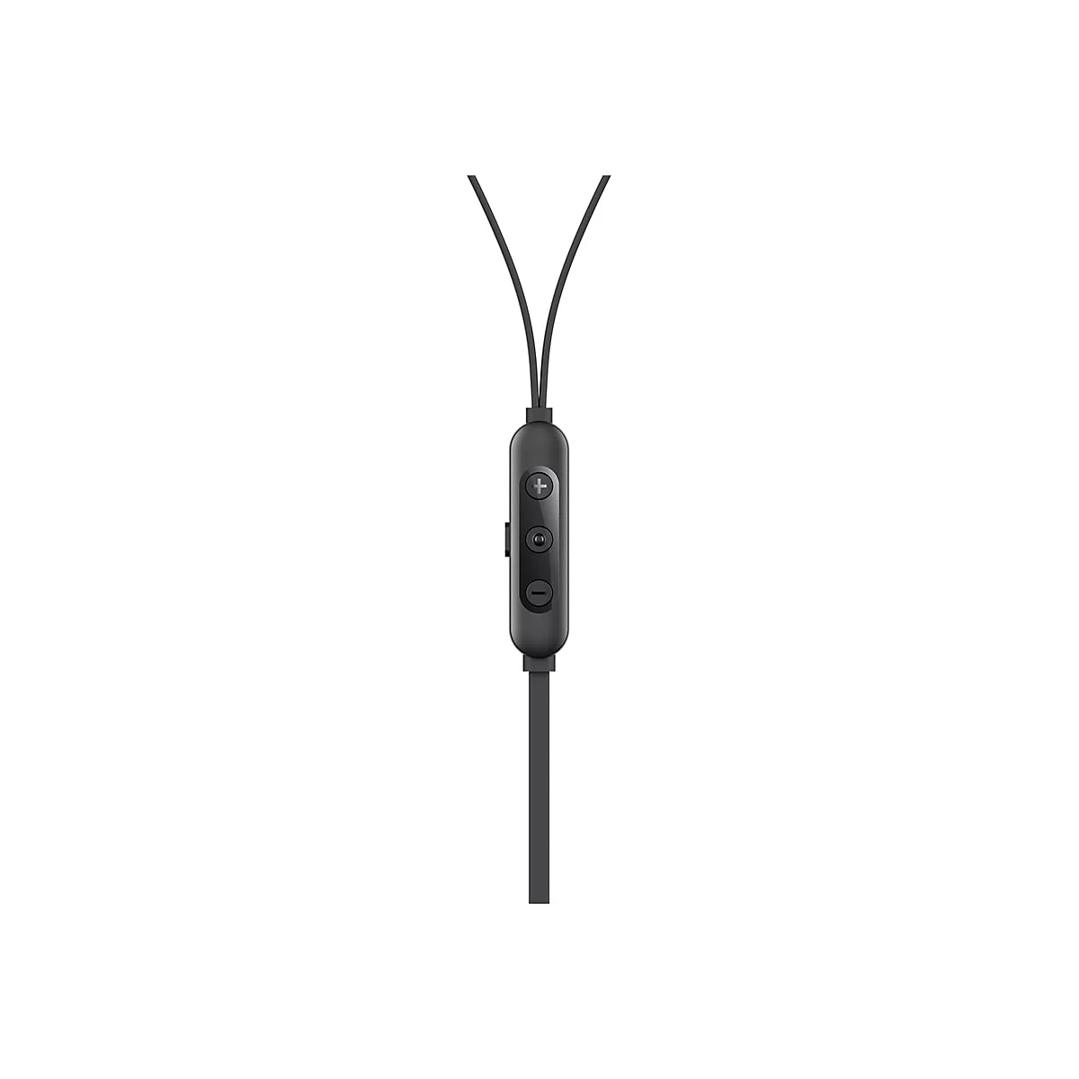 Gros plan d'une télécommande de casque noire avec trois boutons et des câbles sur fond blanc.