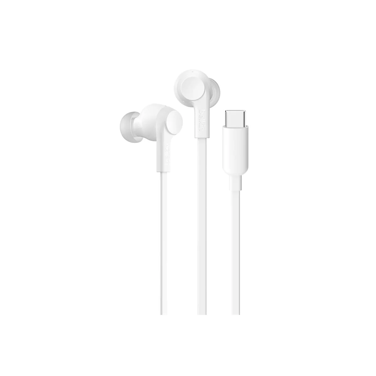 Écouteurs blancs avec connecteur USB-C, isolés sur fond blanc.
