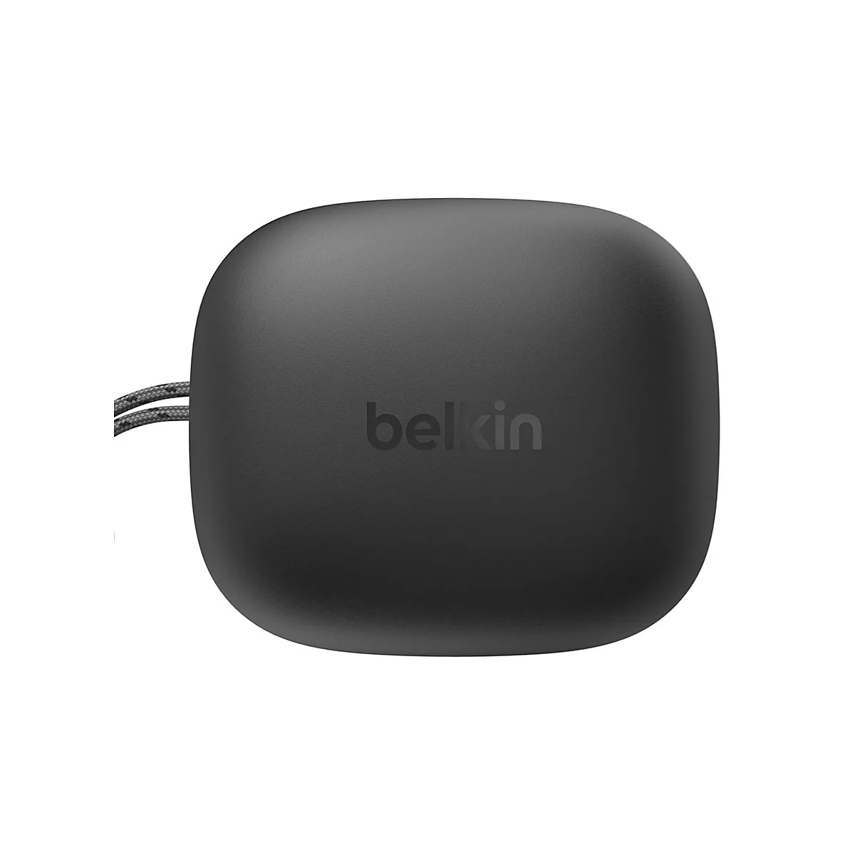 Gadget carré gris foncé aux coins arrondis, logo Belkin et câble gris.