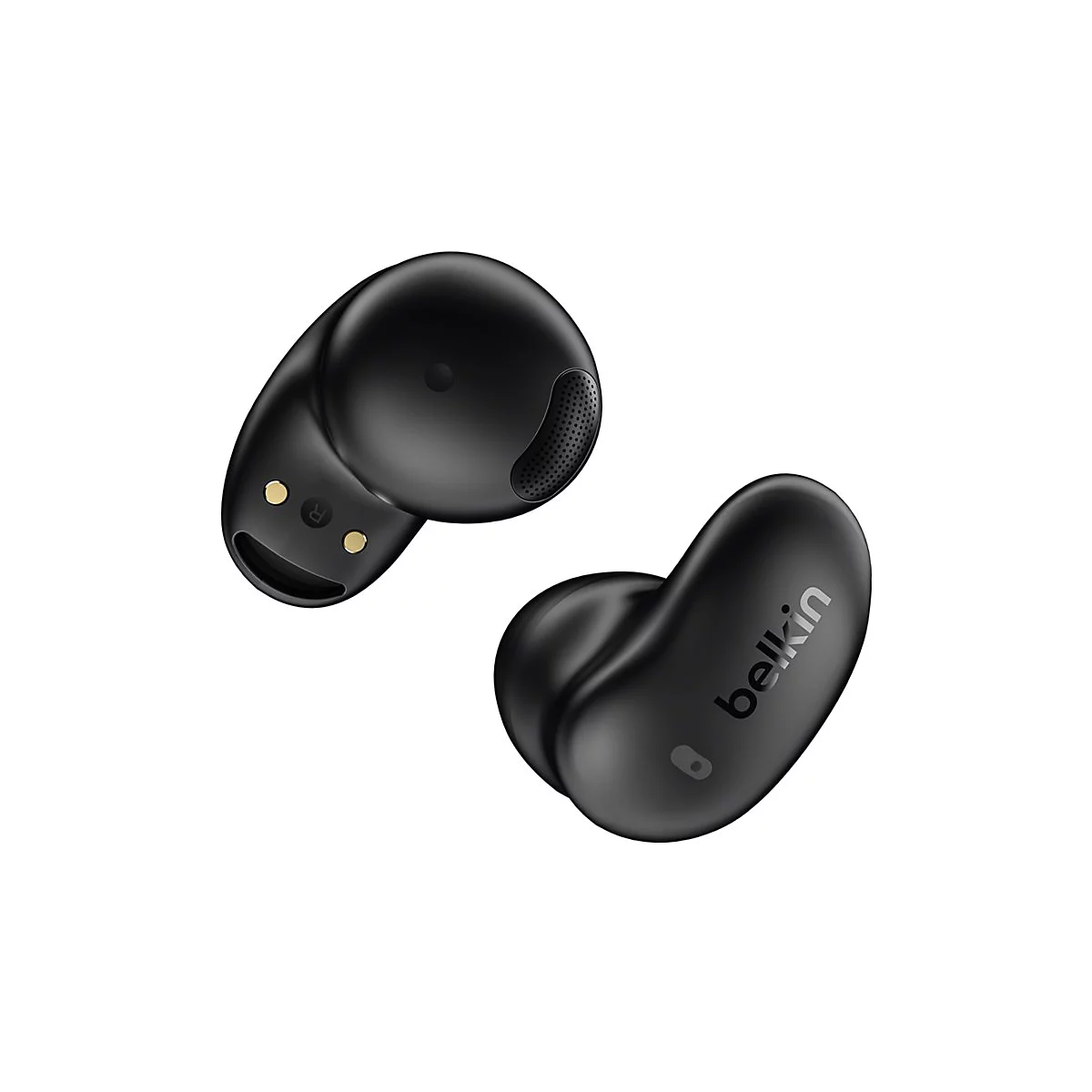 Zwei schwarze Ohrhörer von Belkin. Einer zeigt die Marke, der andere die "R" Kennzeichnung.