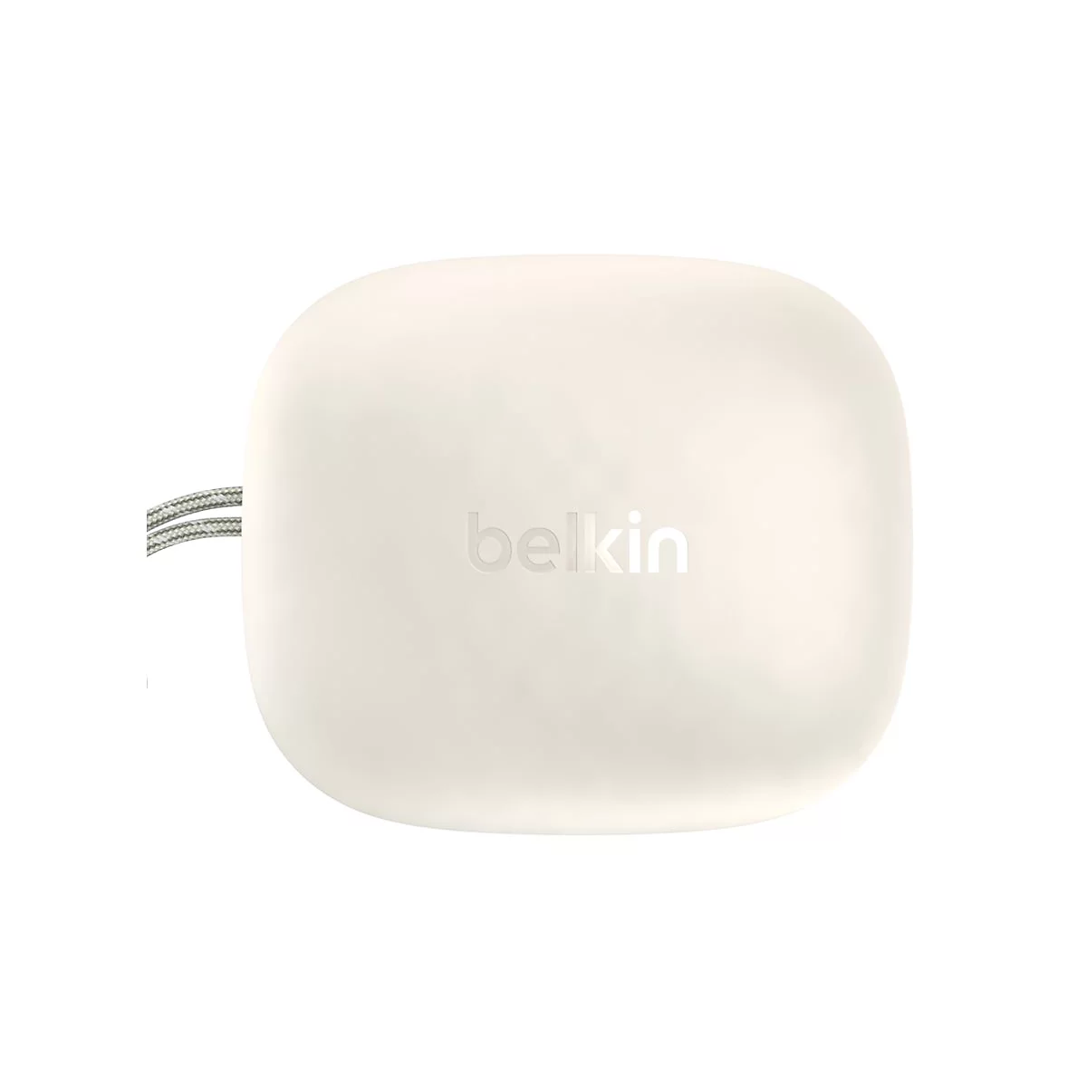 Hellbeige, abgerundetes Gerät mit Belkin-Logo und grauer Kordel. Freigestellt vor weißem Hintergrund.