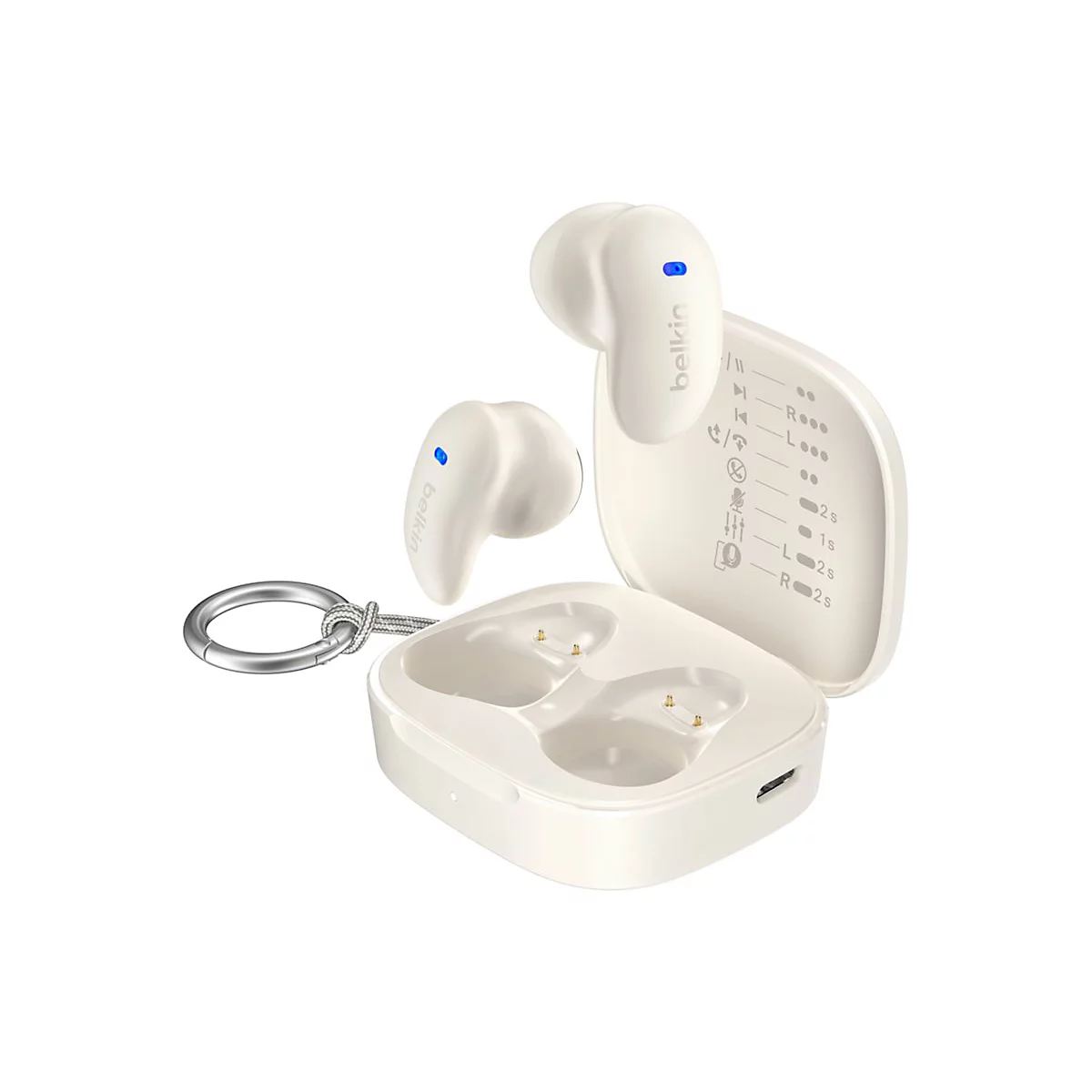 Hellbeige kabellose Kopfhörer mit Ladeschale und Ring, Belkin-Logo. Details zu Funktionen sind auf der Schale abgebildet.