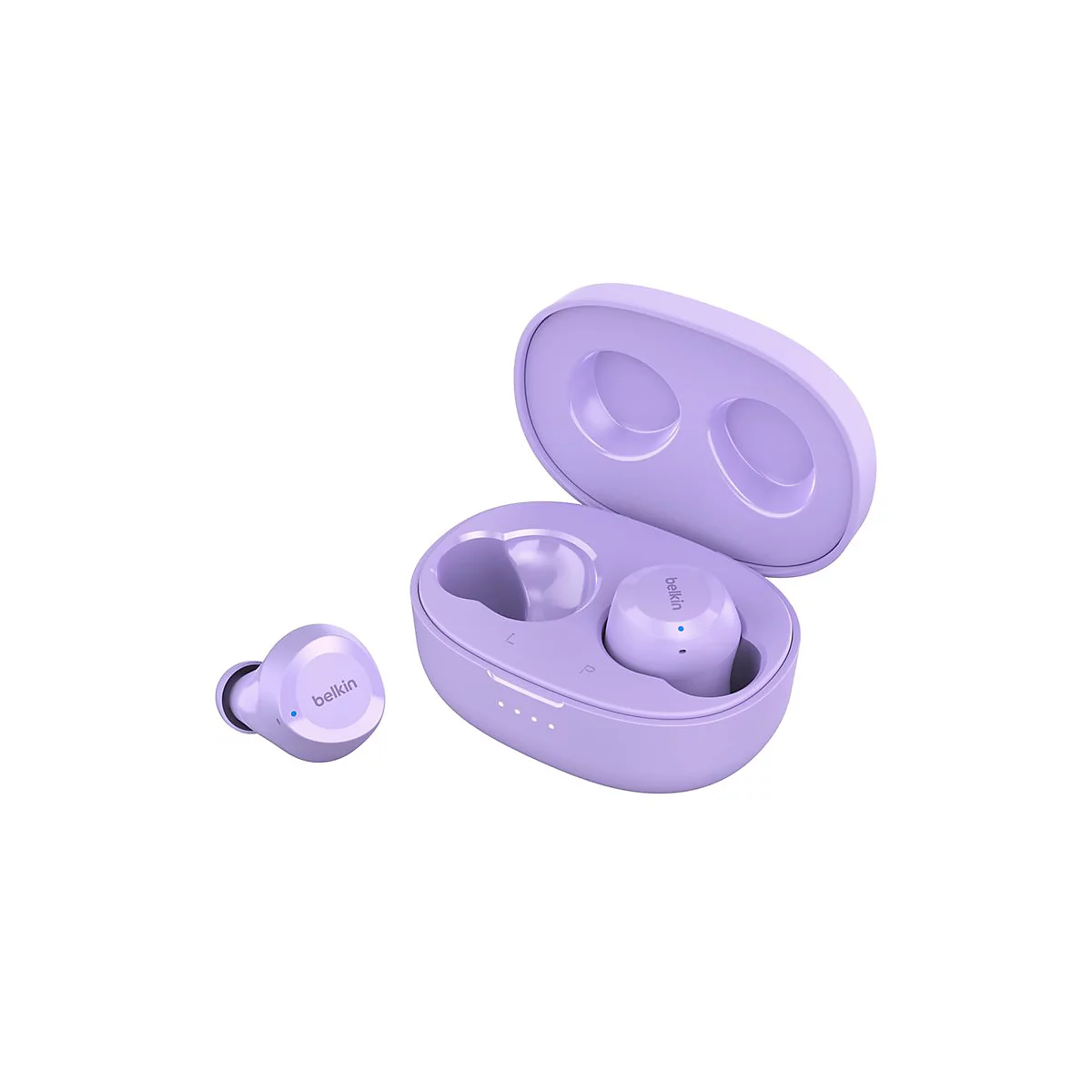 Helllila kabellose Ohrhörer mit Ladecase, Marke Belkin, auf weißem Hintergrund.
