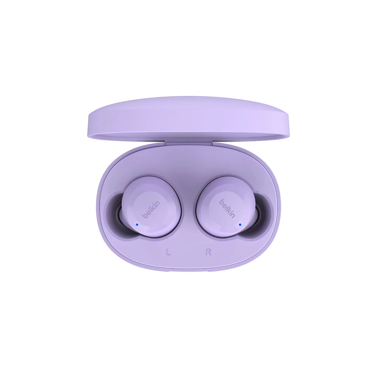 Helllila kabellose Ohrhörer in einer Ladeschale, geöffnet. Auf den Ohrhörern steht „belkin“, links und rechts beschriftet.