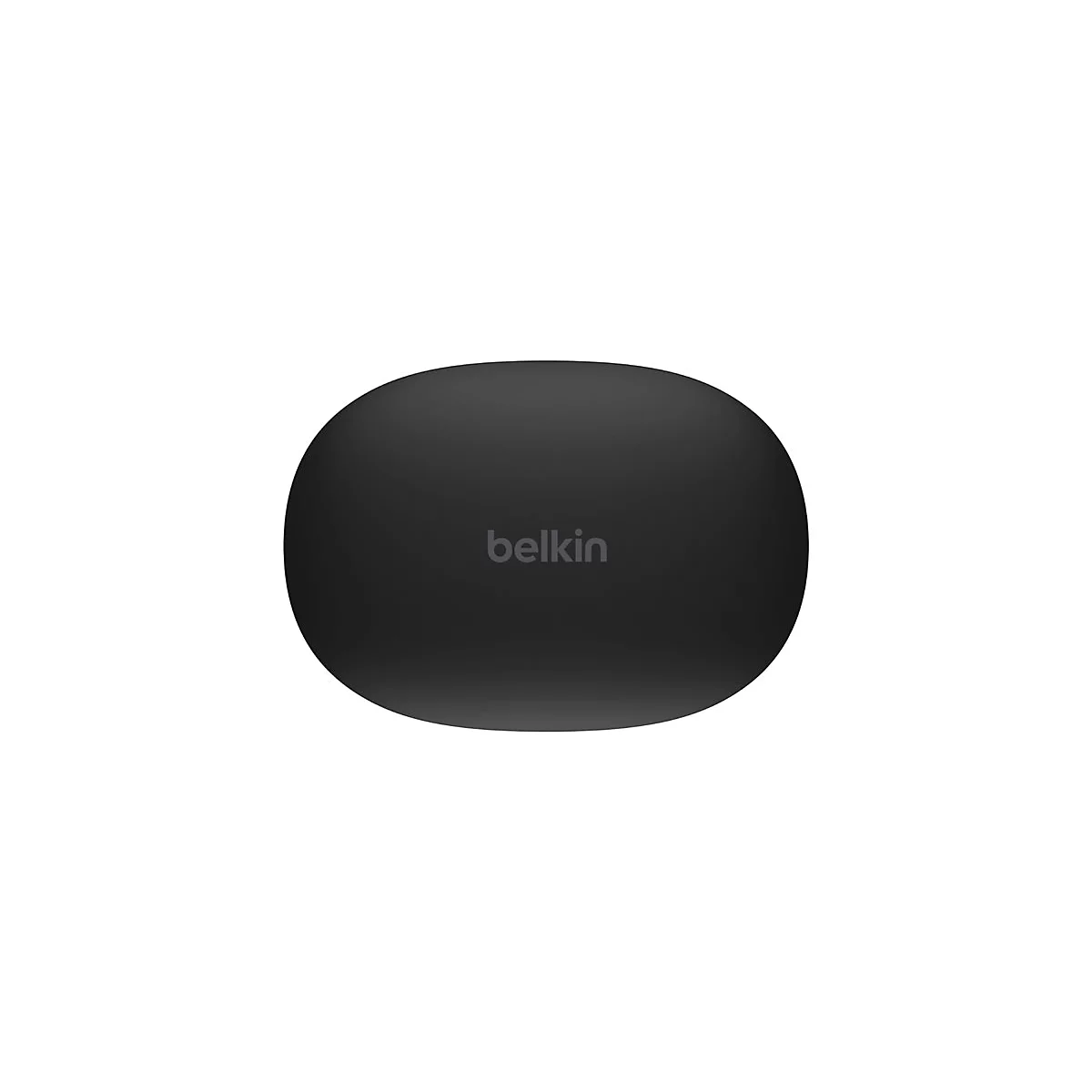 Étui de chargement noir et ovale pour écouteurs, avec le logo Belkin.