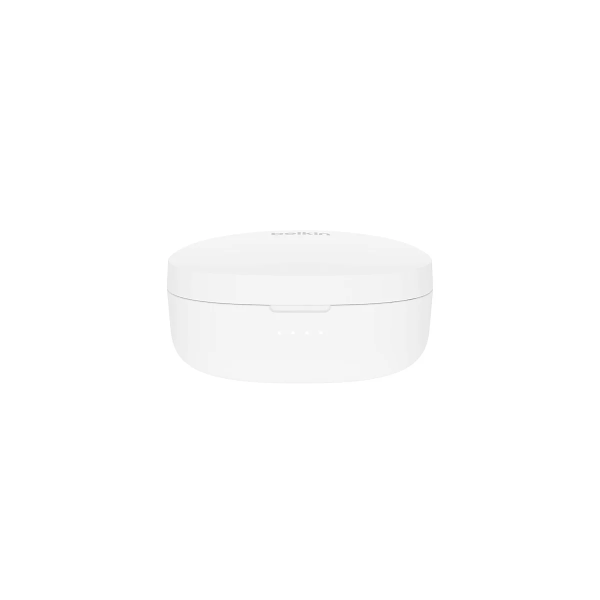 Étui de chargement blanc pour écouteurs sans fil. Logo Belkin sur le dessus, indicateur LED en bas.