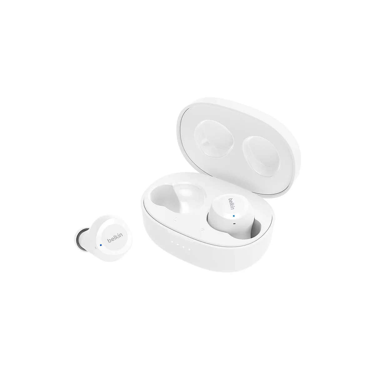 Écouteurs Belkin True Wireless blancs. Boîtier ouvert, écouteur à côté.