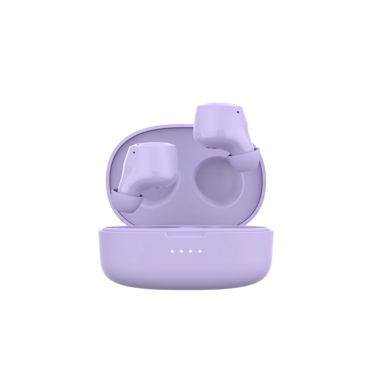 Helllila kabellose Ohrhörer in einer helllila Ladebox. Die Ohrhörer sind geöffnet.