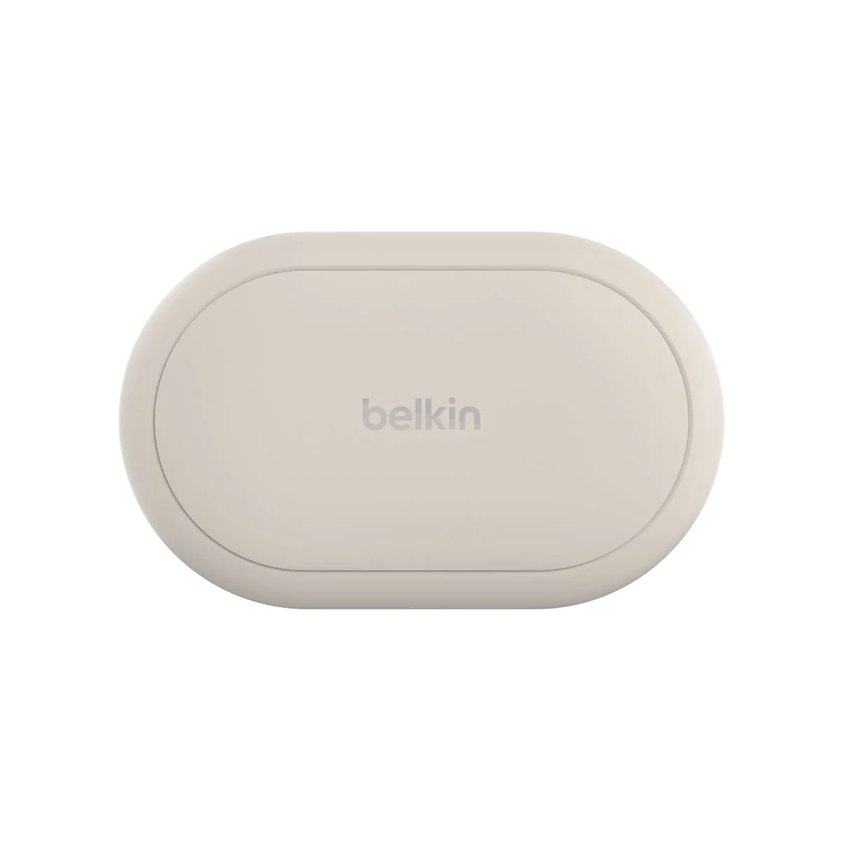 Station de charge ovale beige avec le logo Belkin.
