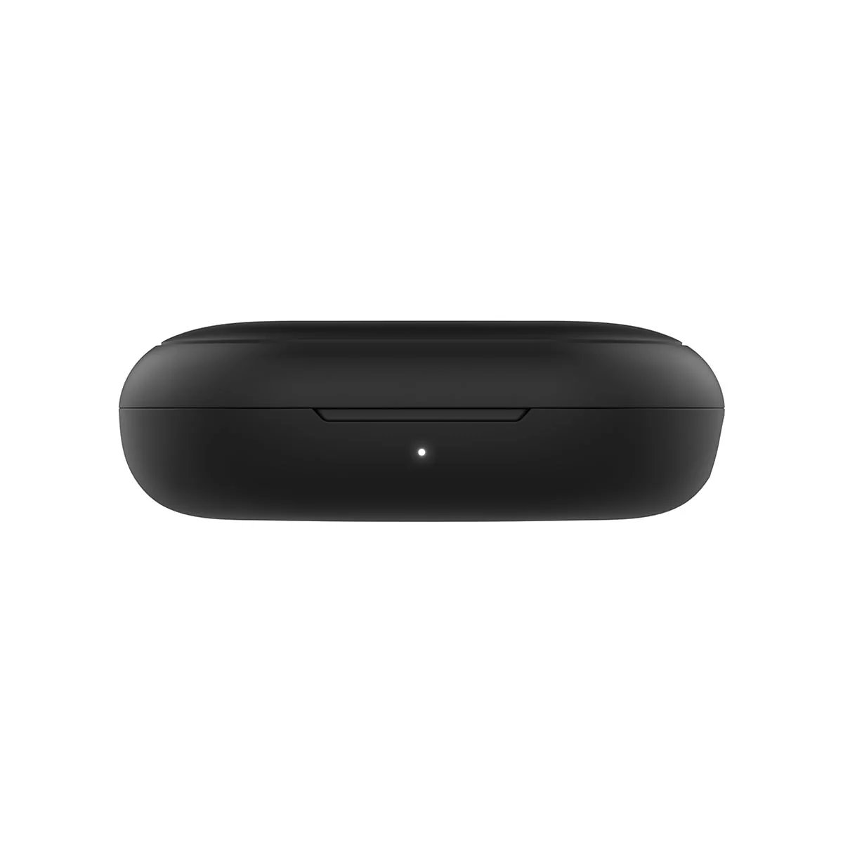 Schwarzes Ladecase für kabellose Ohrhörer, ovale Form, mit einem kleinen Licht.