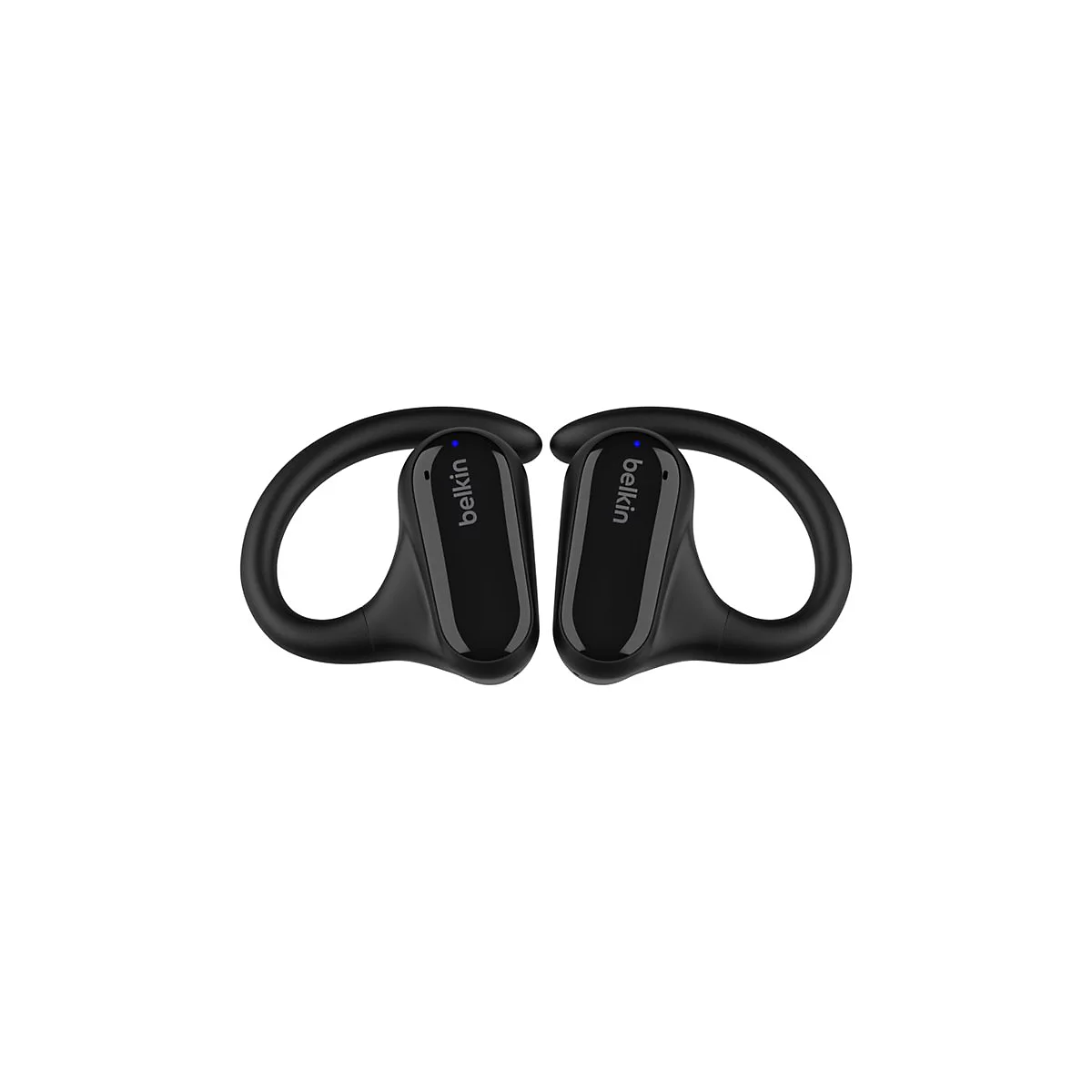 Deux écouteurs noirs Belkin avec des crochets d'oreille, posés sur un fond blanc. Le logo Belkin est visible sur les écouteurs.