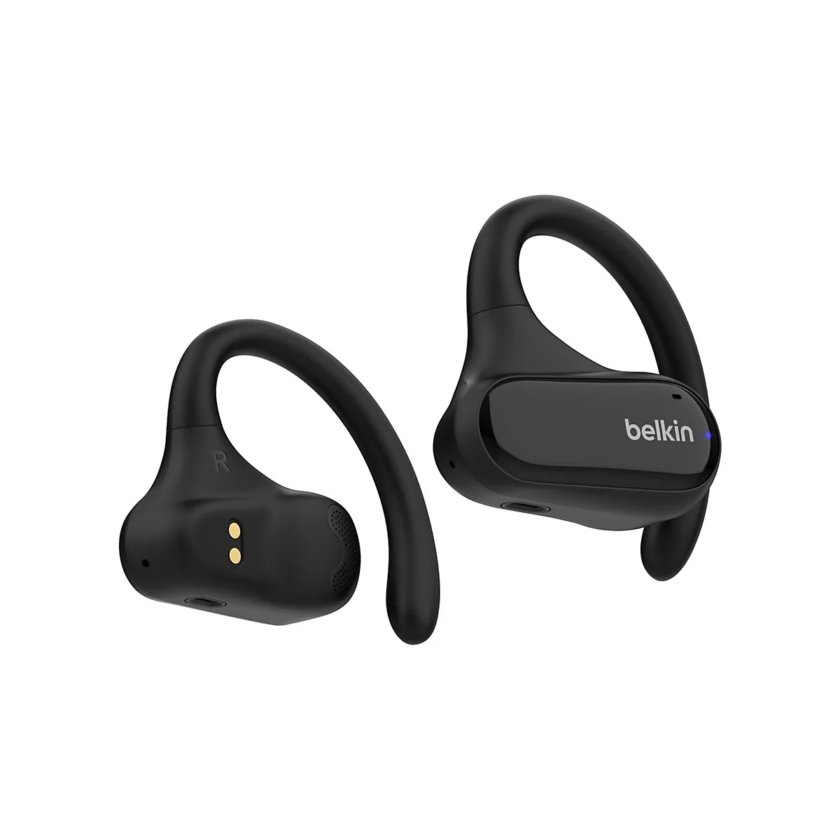 Deux écouteurs de sport noirs avec crochets d'oreille, marque Belkin, sur fond blanc.