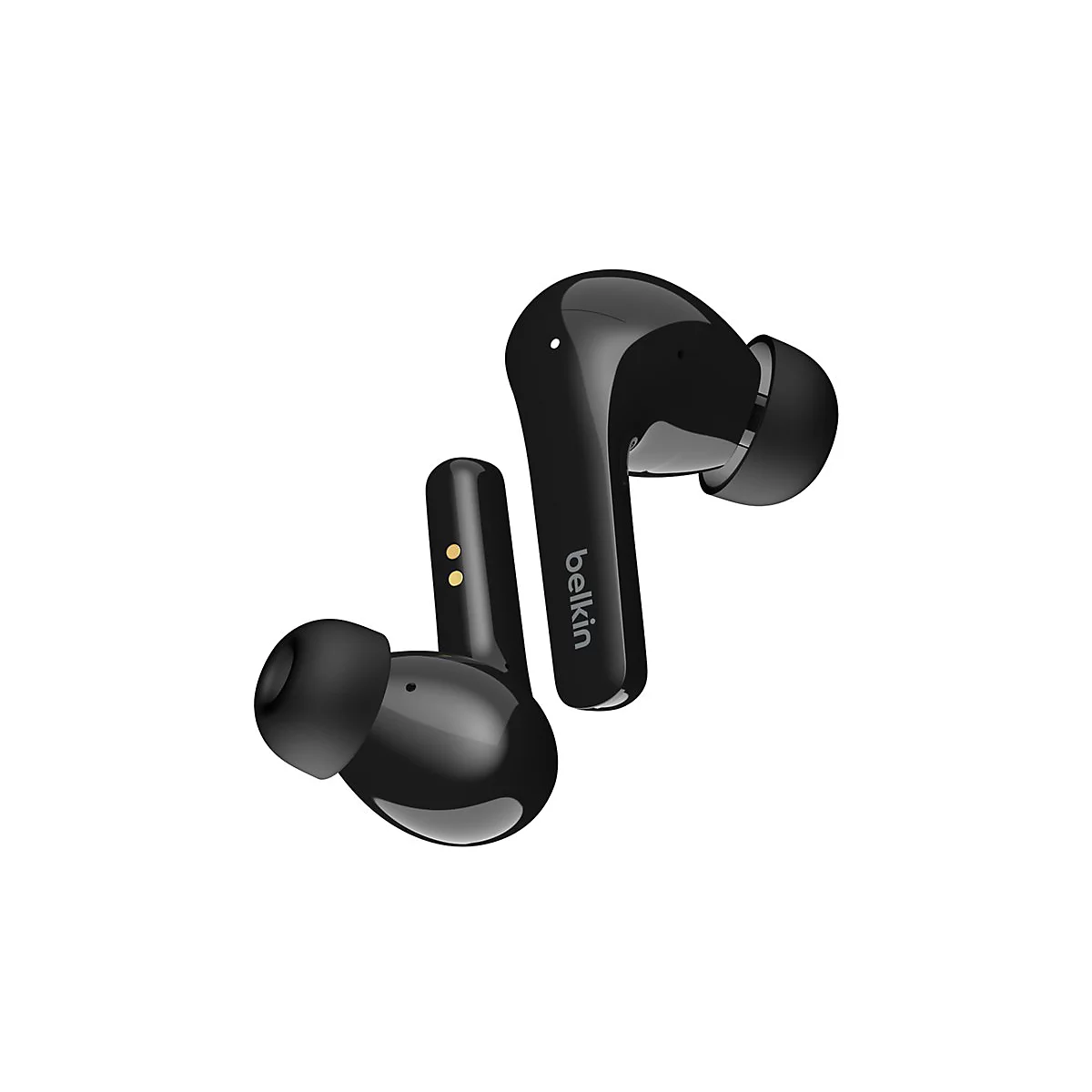 Deux écouteurs sans fil noirs Belkin sur fond blanc. Le logo Belkin est visible sur l'un d'eux.