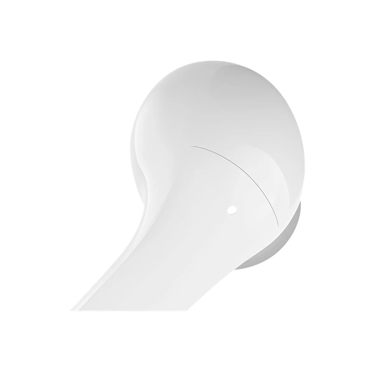 Nahaufnahme eines weißen Kopfhörers. Abgerundete Form mit einem länglichen Stiel.