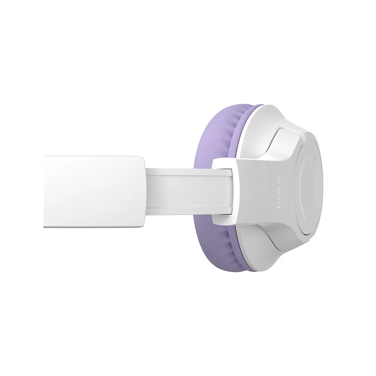 Weißes Kopfhörer-Detail mit lilafarbenen Ohrmuscheln. Das Belkin-Logo ist auf der Seite zu sehen.