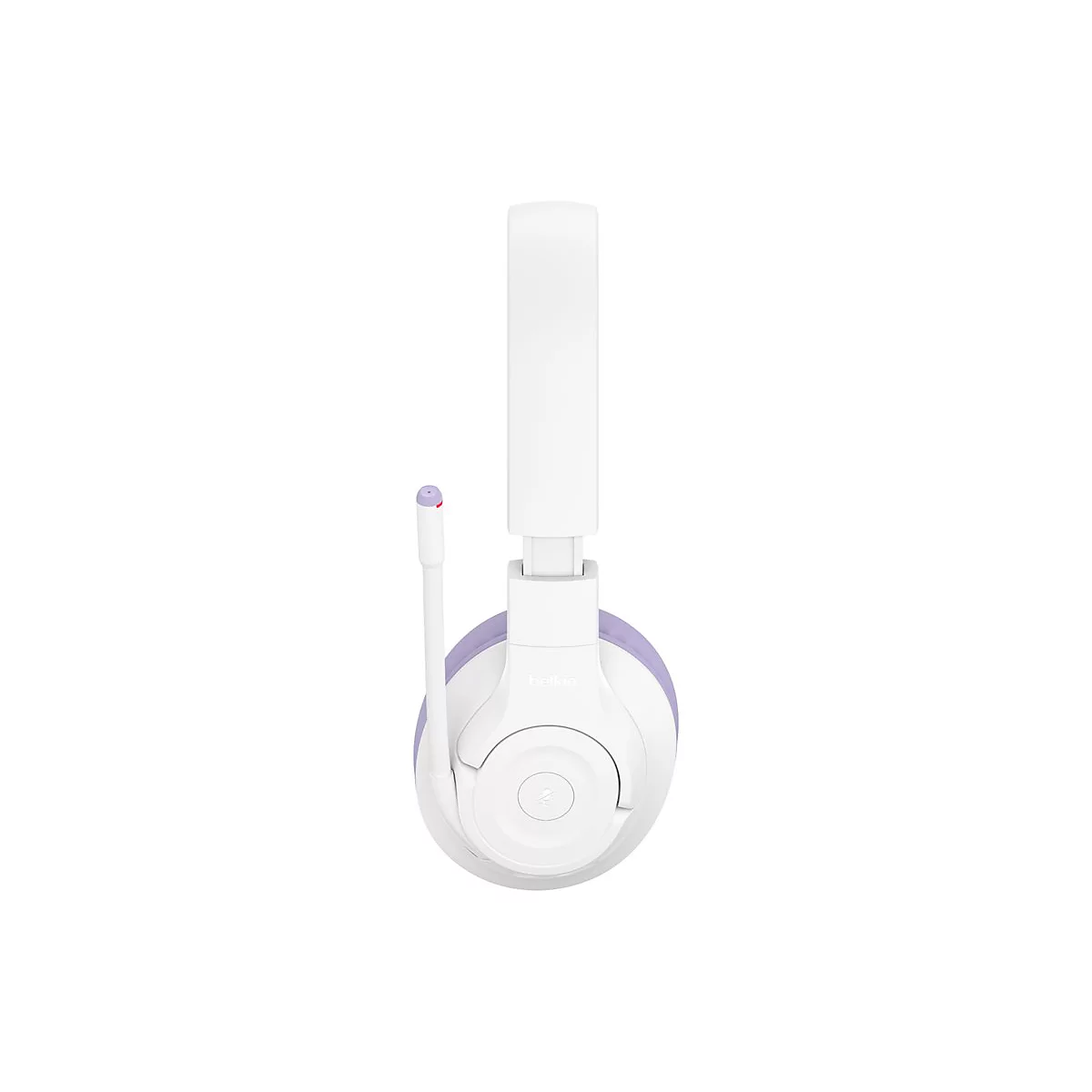 Weißes Headset mit lila Akzenten, Mikrophon und Marke "Belkin".