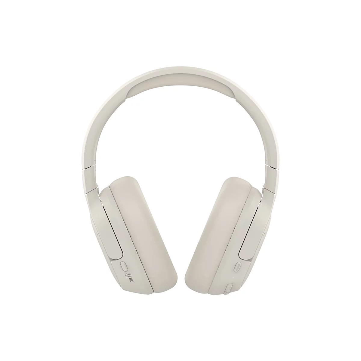 Casque beige, vue de face, sur fond blanc. On peut voir les oreillettes, le bandeau et les commandes.